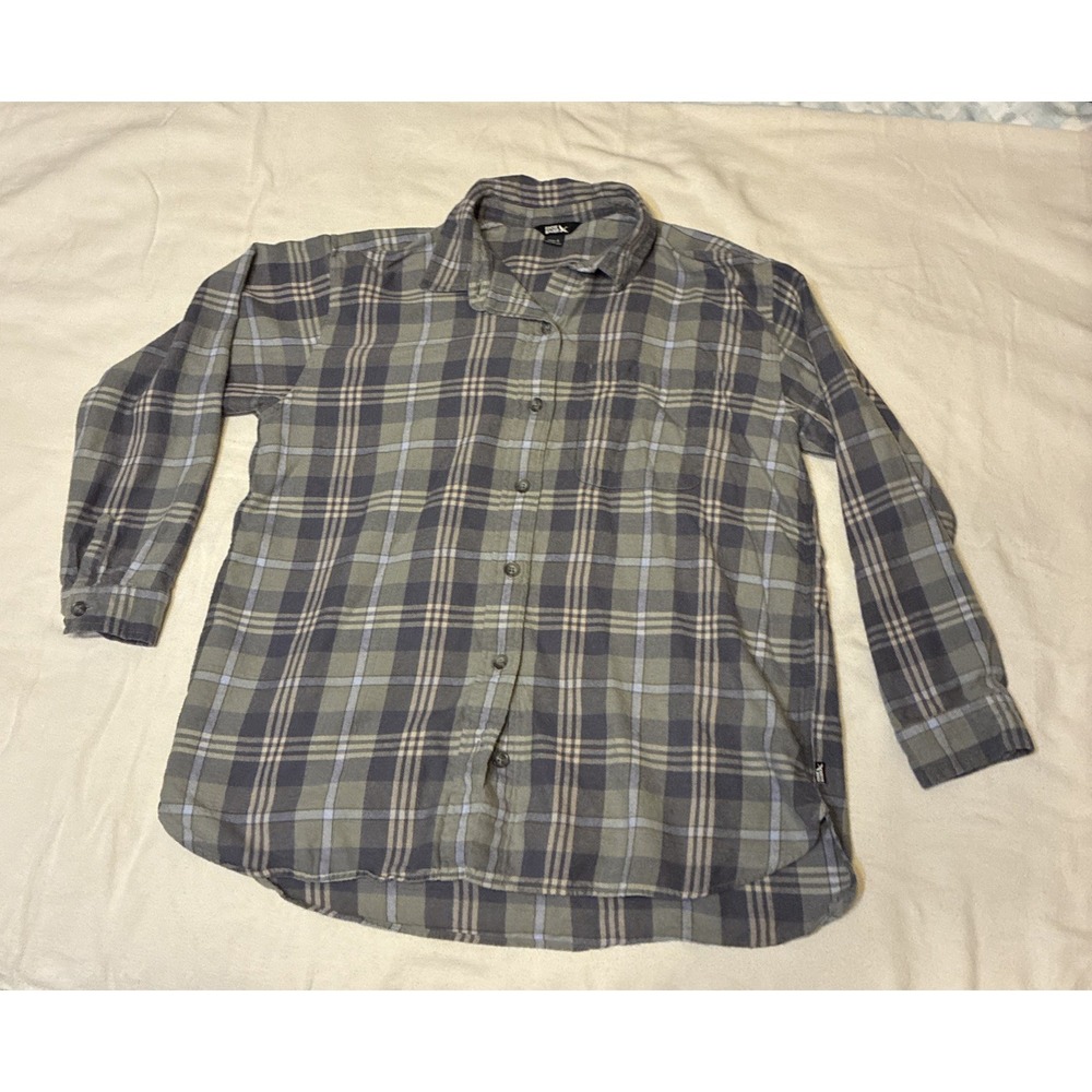 Eddie Bauer Womens Large Grey Olive Green Plaid Flannel Button Down Shirt Large